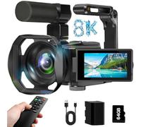 8K Video Camcorder, 64MP IR Night Vision Vlogging Camera, 18" x 3" Zoom, LCD Touch Screen with Cover for YouTube with WiFi, 64G SD Card, Remote Control,