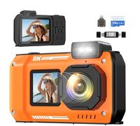 8K Waterproof Digital Camera Snorkeling: 70MP 33FT Compact Rugged Underwater Camera - HD Dual-Screen with 18X Zoom Selfie 64GB Card & 2500 mAh Battery for Outdoor Scuba Diving Fishing Swimming Orange