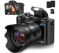 8K WiFi Digital Camera for Photography, 88MP Auto Focus Vlogging Camera for YouTube with Dual Cameras, Compact Travel Camera with 2 Batteries, Memory Card, Flashlight