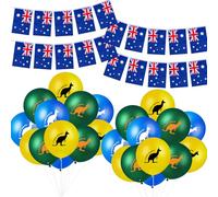 8M Australian Flag Bunting Banner by 20 Pcs Large Flags, 24 Pcs Kangaroo Balloons Australia Day Balloons, Australian Themed Party Decorations Set Silvery Grey Ribbons for Birthday Party Decoration