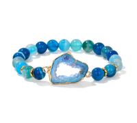 8mm Blue Agate Beaded Bracelet Unisex Natural Stone Stretch Bracelet Sliced Agate Pendant Fashion Bracelet for Men Women Bohemian Lucky Agate Yoga Bracelet