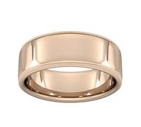 8mm Flat Court Heavy Milgrain Edge Wedding Ring In 9 Carat Rose Gold - Ring Size T
