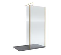 8mm Fluted Glass Walk In Wetroom Screen and Hinged Return with Brushed Brass Profile and Grey Shower Tray - 1400 x 900mm