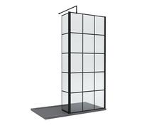 8mm Glass Walk In Wetroom Screen and Hinged Return Black Framed Design and Grey Shower Tray - 1400 x 800mm