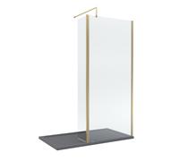 8mm Glass Walk In Wetroom Screen and Hinged Return Screen with Brushed Brass Profile and Grey Shower Tray - 1400 x 900mm