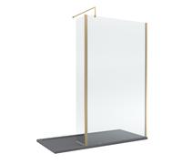 8mm Glass Walk In Wetroom Screen and Hinged Return Screen with Brushed Brass Profile and Grey Shower Tray - 1700 x 800mm