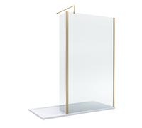 8mm Glass Walk In Wetroom Screen and Hinged Return Screen with Brushed Brass Profile and Shower Tray - 1700 x 700mm