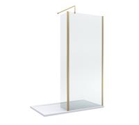 8mm Glass Walk In Wetroom Screen and Hinged Return Screen with Brushed Brass Profile and Shower Tray - 1400 x 900mm