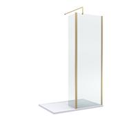 8mm Glass Walk In Wetroom Screen and Hinged Return Screen with Brushed Brass Profile and Shower Tray - 1200 x 900mm