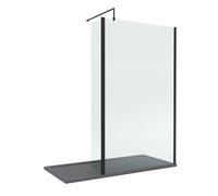 8mm Glass Walk In Wetroom Screen and Hinged Return Screen with Matt Black Profile and Grey Shower Tray - 1700 x 800mm