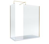 8mm Glass Walk In Wetroom Screens with Brushed Brass Profile and White Shower Tray - 1700 x 900mm