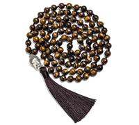 8mm Natural Yellow Tiger Eyes Beaded and Knotted Necklace 108 Mala Yoga