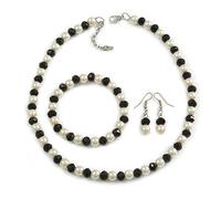 8mm Single Bead/Black Glass Bead and White Faux Pearl Necklace/Flex Bracelet/Drop Earrings Set/43cm Long/4cm Ext