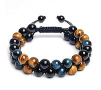 8mm Tiger Eye & Black Obsidian Double-Layer Braided Stone Bracelet, Triple Protection Spiritual Jewelry with