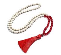 8mm White Fossil Red Agate Beaded 108 Mala Necklace Tassel