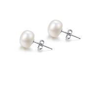 8MM White Pearl Earrings Genuine 925 Sterling Silver Button Freshwater Cultured Pearl Stud Earrings