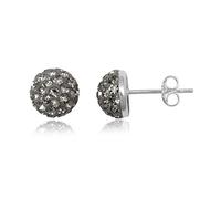 8MM WOMENS Half Sparkly Pave Glitter/Disco Ball Sterling Silver Stud Earrings/Ear Studs for Women Ladies Girls - Round Silver Earrings - GREY BLACK DIAMOND. 8-GBD