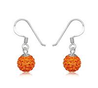 8MM WOMENS Sparkly Pave Glitter/Disco Ball Sterling Silver Dangly/Dangle Drop Hook Earrings for Women Ladies Girls - Round Silver Earrings - ORANGE SUN