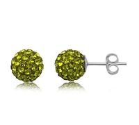 8MM WOMENS Sparkly Pave Glitter/Disco Ball Sterling Silver Stud Earrings/Ear Studs for Women Ladies Girls - Round Silver Earrings - GREEN OLIVINE