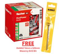fischer 555108 DUOPOWER Wall Plugs with Screws, Red/Gray, 8x40-50 Pieces