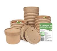 8oz (237ml) Kraft Soup Containers with Lids [100 Pack] - Leakproof Disposable Food Pots | Compostable Freezer & Microwave Safe Takeaway Containers, Soup Cups, Ice Cream Tubs for Hot Food & Desserts