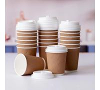 8oz / 240ml Ripple Wall Paper Coffee Cups with White Lids - Kraft Brown Disposable Hot Drink Cups | Eco-Friendly, Recyclable, Insulated Takeaway Cups for Tea, Coffee, Cappuccino - Pack of 25