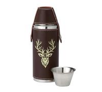 8oz Brown Leather Hunting Hip Flask with stag's Head and Antlers Motif, 4 Cups & Free Funnel (3373)
