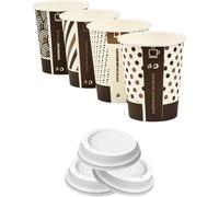 8oz Compostable Bamboo Coffee Cups with White Lids - 240ml Eco-Friendly Disposable Hot Drink Cups with Mixed Natural Designs - Biodegradable for Takeaways, Cafés, Events (1000)