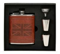 8oz Hip Flask Gift Set - Union Jack Stainless Steel Flask with Brown Leather Wrap - Britannia Design with Funnel & 2 Cups - Classic British Drinkware for Men