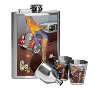 8oz Hip Flask Set With 2 Cups, Retro Stainless Steel Flask With Classic Pin-Up Design, Includes Two Shot Premier Housewares Multi One Size