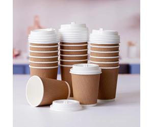 8oz Ripple Wall Paper Coffee Cups with White Lids - 240ml Kraft Brown Disposable Hot Drink Cups | Eco-Friendly, Recyclable, Insulated Takeaway Cups for Tea, Coffee, Cappuccino - Pack of 50