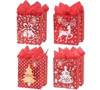 8Pack Red Christmas Gift Bags with Tissue Paper,26 x 32 x 10 cm | Deer,Christma Tree Design,Large Paper Gift bags with Gift Tags for Xmas Present Wrap