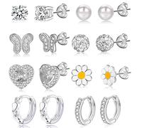 8Pairs 925 Sterling Silver Earrings for Girls Women Hypoallergenic Earrings Tiny Heart Hoop Earrings CZ Ball Butterfly Daisy Stud Sets for Teen Kids Toddler Pink Silver