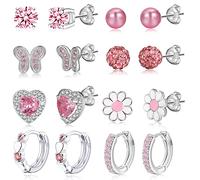 8Pairs 925 Sterling Silver Earrings for Girls Women Hypoallergenic Earrings Tiny Heart Hoop Earrings CZ Ball Butterfly Daisy Stud Sets for Teen Kids Toddler Pink Silver