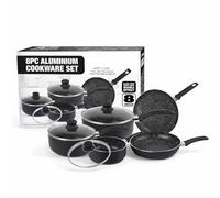8pc Aluminium Cookware Set, Non Stick Cooking Pan Saucepan Set Pot and Frying Pans, Heat-Resistant Handles, Black with White dots Marble Effects, Suitable for Gas, Electric, Halogen and Solid Hotplate
