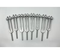 8pc Chakra Tuning Fork Set - Soul Star, Printed Engrams, Drawstring Pouch and Strikers, Chakra Alignment, Sound Therapy, Biofield Therapy - Silver Color