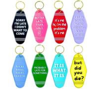 8PC Funny Motel Keychain Hotel Keychains Vintage Retro Cool Fun Cute Snarky Quirky Sarcastic Sayings Plastic Acrylic with Ring Pink Bulk for Adults Women Novelty Custom Gag Gifts Accessories