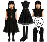 8pc Gothic School Girl Halloween Costume Kids with Gothic Dress and Belt, Kids Black Plaited Wig, Black Gloves, Knee High Socks and Fancy Dress Jewellery - Halloween Costumes for Girls (7-9 Years)