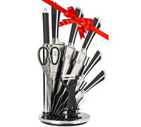 8pc Kitchen Knife Block Set - Taylors Eye Witness. Finely Ground Razor Sharp Stainless Steel Blades, Moulding Into Soft Grip Handles. Matching Rotating Holder. 5 Knives, Scissors, Sharpener, Peeler.