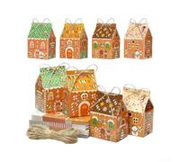 8PC Paperboard Treat Boxes 4.13x2.76in Festive Style(House) | Castle design, 8pcs set, easy fold, includes twine, festive holiday decor