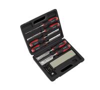 8pc Wood Chisel Set With Sharpening Stone Honing Guide Soft Grip Handle And Case