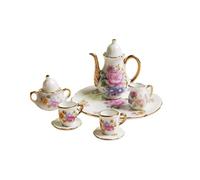 8PCS 1:12 Miniature Ceramic Tea Cup Set Porcelain Flower Print Gold Trim Dollhouse Kitchen Accessories