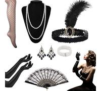 8Pcs 1920s Flapper Great Gatsby Accessories Kit for Women, Roaring 20's Theme Set with Headband Socks Gloves Folding Fan Handheld Prop Necklace Bracelet Earrings for Ladies Carnival Retro Party