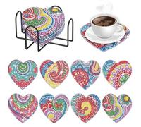 8pcs 5D Full Drill Diamond Painting Coasters Kit - DIY Colorful Mosaic Heart Diamond Art Coasters with Holder, Acrylic Drink Mats with Rhinestones for Crafts and Home Décor