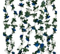 8Pcs 63Ft Blue White Rose Garland, Fake Flower Vines, Artificial Vine Flowers, Rose Hanging Garland for Party Wedding, Garden, Room Table, Christmas, Backdrop Wall Arch Decor