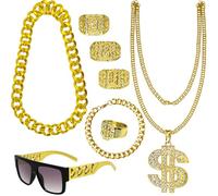 8Pcs 80s 90s Hip Hop Costumes Outfit Kit Fake Gold Chain Sunglasses Bracelet Dollar Sign Chain Ring Kanji Ring for Men Women Rapper Accessories Halloween Party Decorations