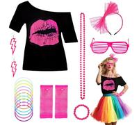 8pcs 80s Costume Accessories Set, Fancy Dress Outfits Accessories Set for Girls with Lip Print T-shirt Headband Luminous Bracelet Glasses Earrings Necklace Bracelet Long Gloves for Party Cosplay