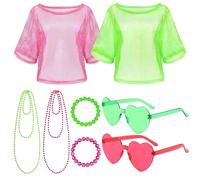 8PCS 80s Neon Fishnet Set,Including 2pcs Fishnet Top,2pcs Bead Chains,2pcs Bracelets,2pcs Heart Glasses,80s Fancy Dress Accessories for Women,90s Disco Party Outfit, Girls Night Hen Do(Pink&Green)