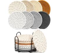 8Pcs Absorbent Drink Coasters, Handmade Braided Drink Coasters with Holder, Coasters for Coffee Table, Super Absorbent Heat-Resistant Coasters for Drinks Great Housewarming Gift Home Decor (8 colors)