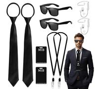 8PCS Agent Costume Accessories Set, Secret Security Guard Outfit Kit with Thin Frame Glasses Necktie Earpiece ID Badge for Teens Adults Christmas